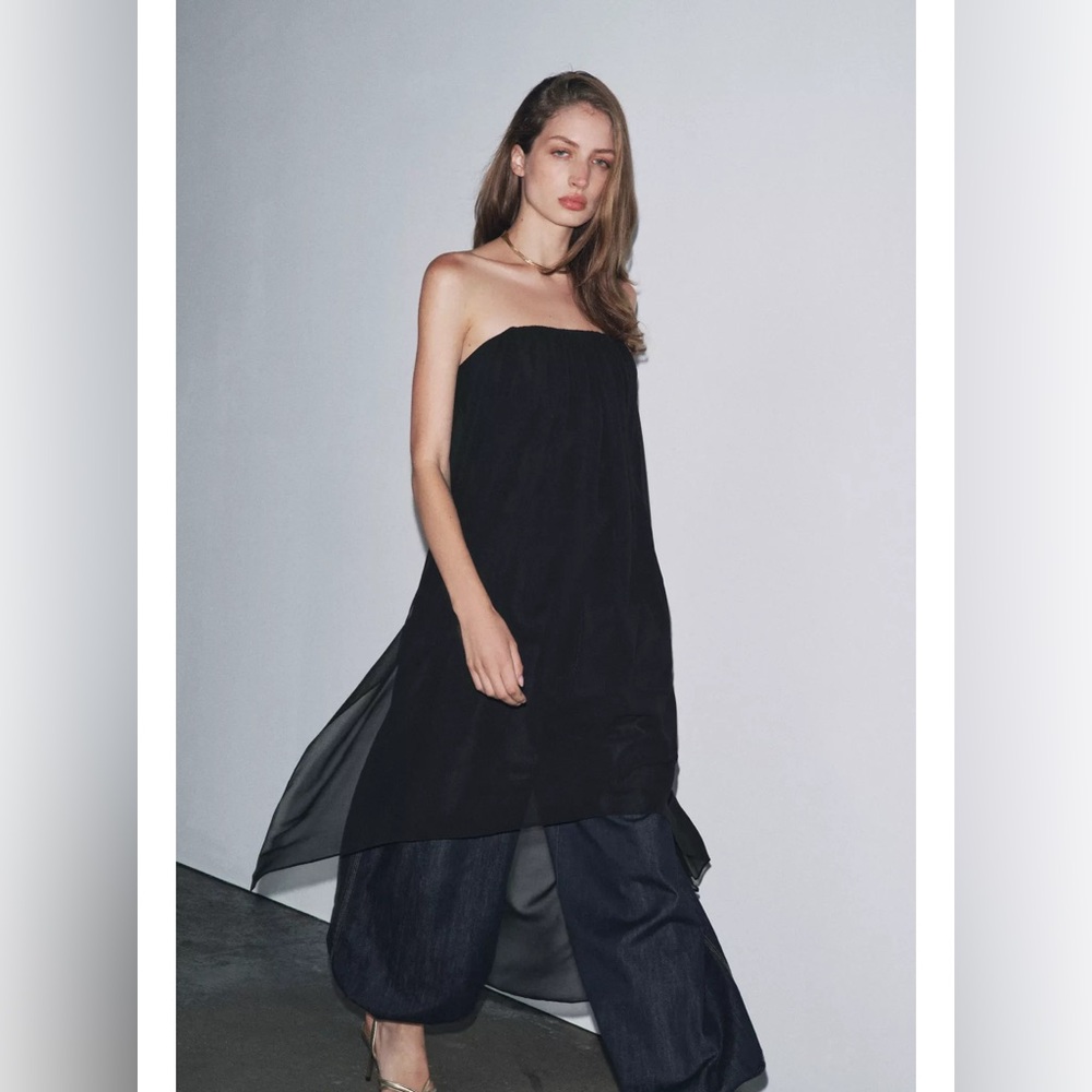 ZARA M BLACK ZW COLLECTION STRAPLESS LONG TOP WITH SHEER LONG TRAIN OVERLAY. NWT